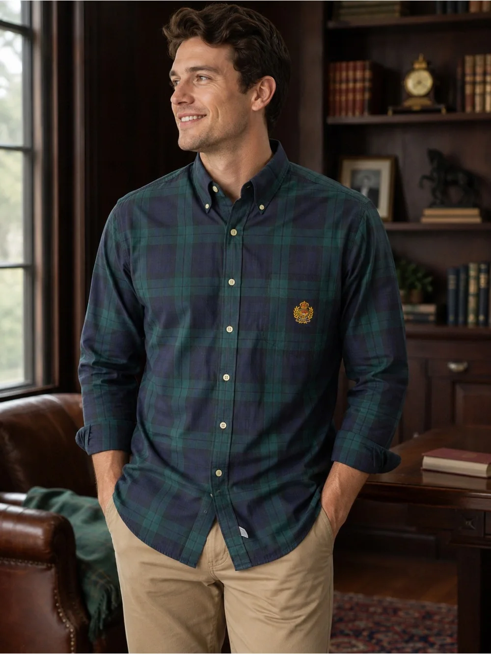 Ralph Lauren Men’s Medium Blackwatch Plaid Button Down Shirt Crest Logo Cotton